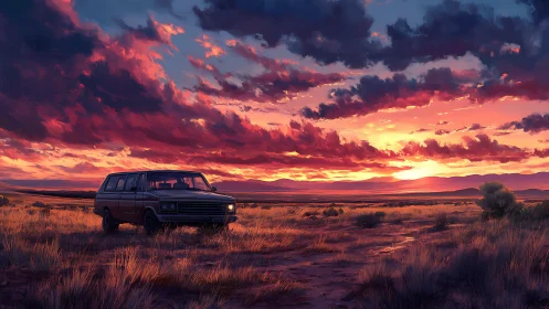 Sunset roadtrip van under blazing desert sky painting.