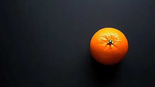 Single mandarin isolated on dark ground in minimalist overhead view