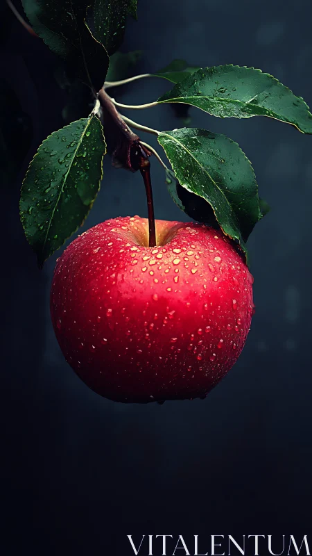 Macro study of dew-laden red apple under controlled lighting.