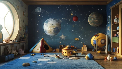 Space-themed children’s playroom with planets and toys.