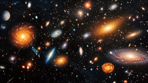 Spiral and elliptical galaxies dispersed across deep cosmic field