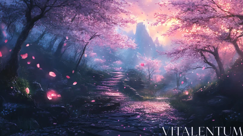 Soft cherry blossom path glows under dreamy mountain light