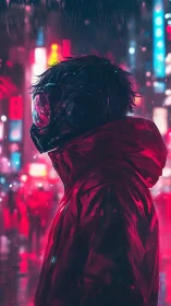 Cyberpunk rain portrait in neon-soaked urban profile study.