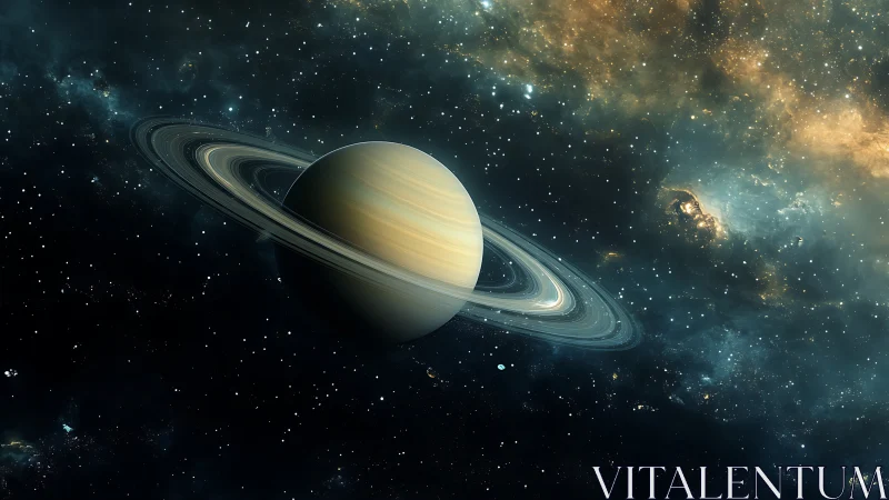 Ringed gas giant planet rendered in detailed deep space view