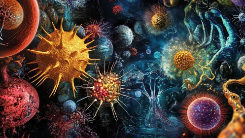 Microscopic alien cells float in a vivid cosmic bioverse