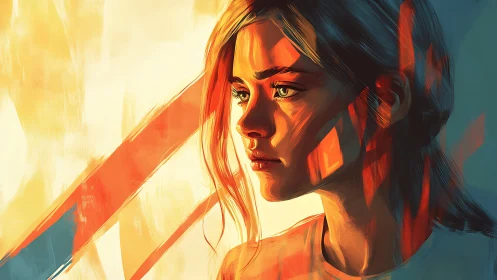 Side profile portrait uses warm light and linear overlays