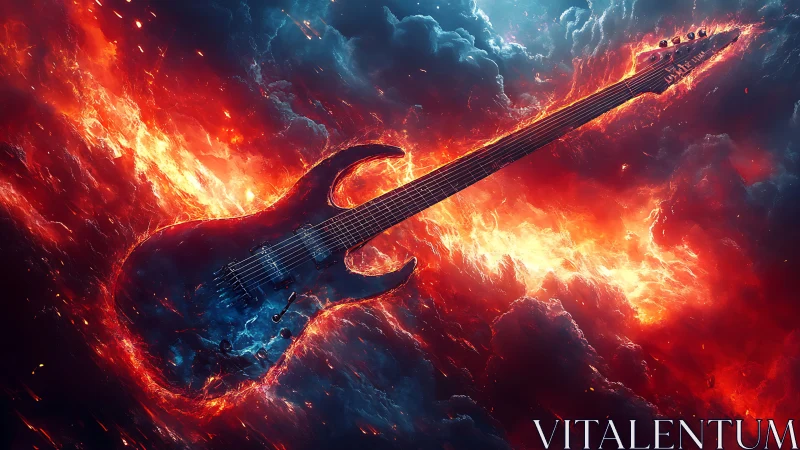 Digital painting of fiery electric guitar in cosmic stormscape.