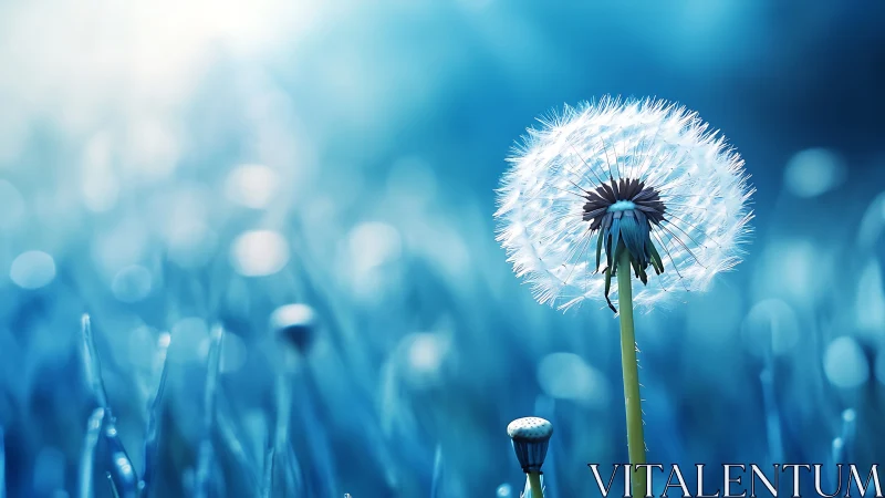 Macro study of luminous dandelion seed head in cool bokeh field.