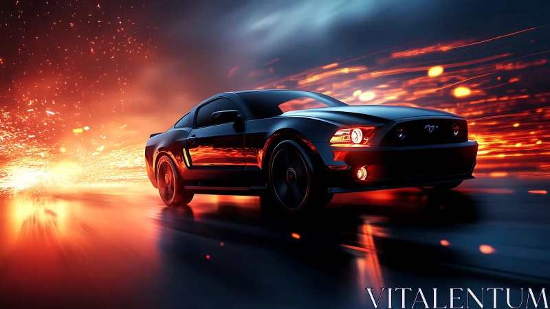 Muscle car cuts through neon sparks in a night speed run