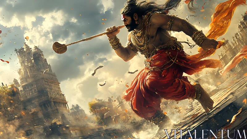 Mythic warrior in dynamic temple battleground composition.