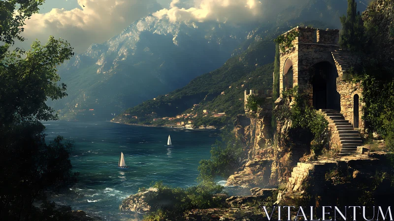 Stone coastal structure overlooks bay with mountains beyond