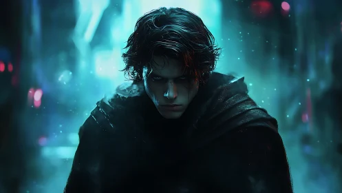 Hooded young male figure in moody blue urban environment.