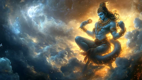 Celestial blue deity emerging from radiant cosmic clouds.