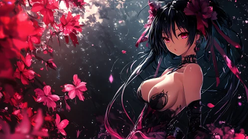 Dark gothic anime girl amid glowing crimson blossoms.