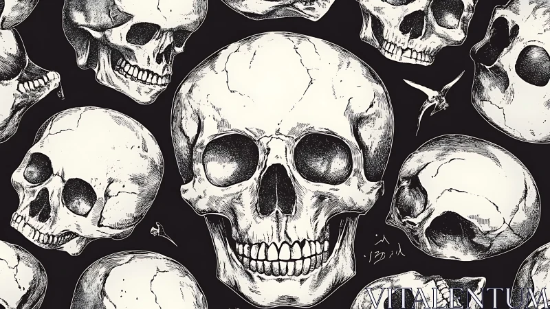 Ink-rendered anatomical skull pattern with high-contrast linework.