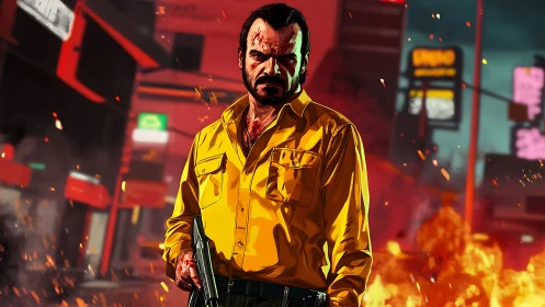 Vigilante in Golden Coat Amid Cyberpunk Inferno.