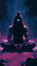 Seated figure in meditative posture under low cool lighting