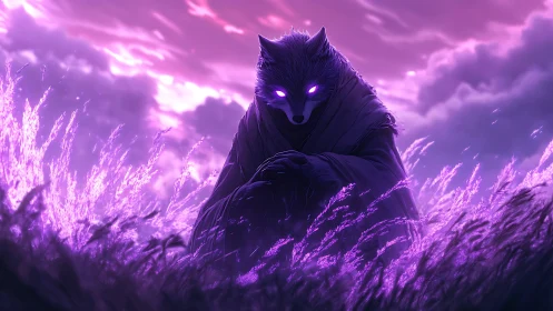 Shrouded fox spirit in glowing violet twilight field.