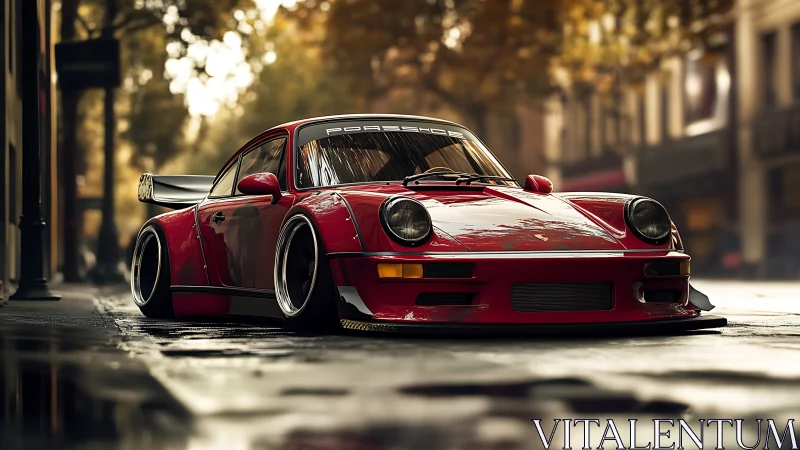 Low-slung red Porsche sports car on wet city street.