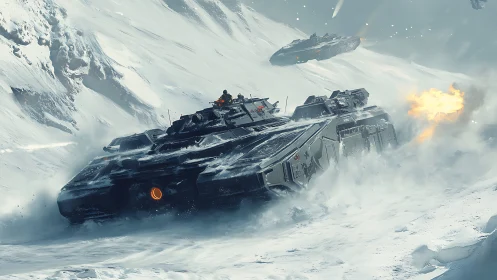 Digital painting of armored tanks charging through arctic pass.