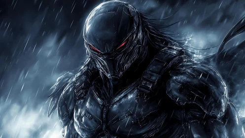 Rainlit cyber wraith with molten red gaze stands watch.