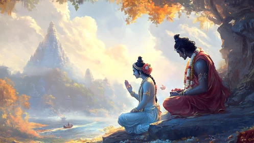 Divine figures converse by river before distant temple.