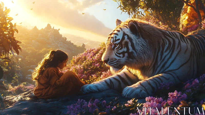 Sunlit meadow meeting between gentle tiger and child.