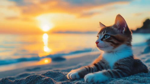Coastal Dreamer: Tabby Cat Gazes Toward Golden Hour Horizons.