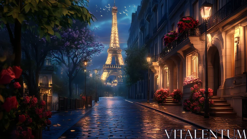 Midnight stroll to a glowing Eiffel Tower on rainlit cobbles.