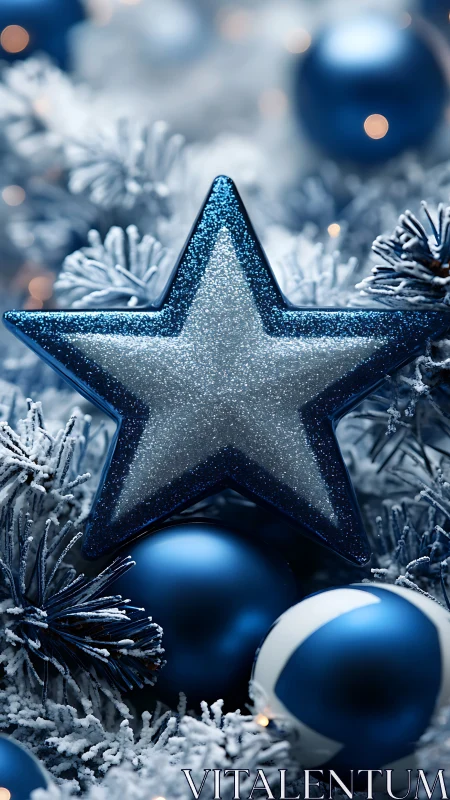 Glittering blue star ornament glows in frosted pine boughs