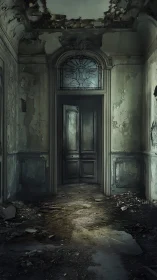 Decayed corridor framing closed door with stained glass arch.