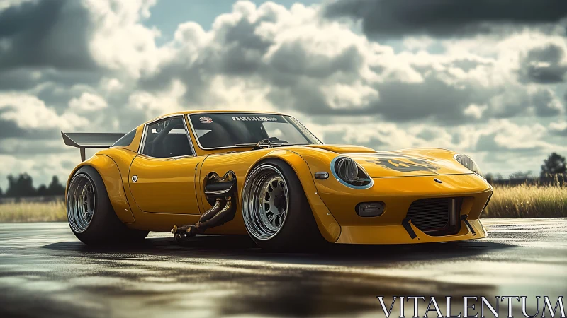 Low-slung yellow race car waits on wet runway under storm clouds