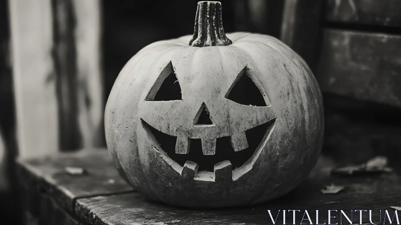 Monochrome carved pumpkin jack o lantern on wooden bench.