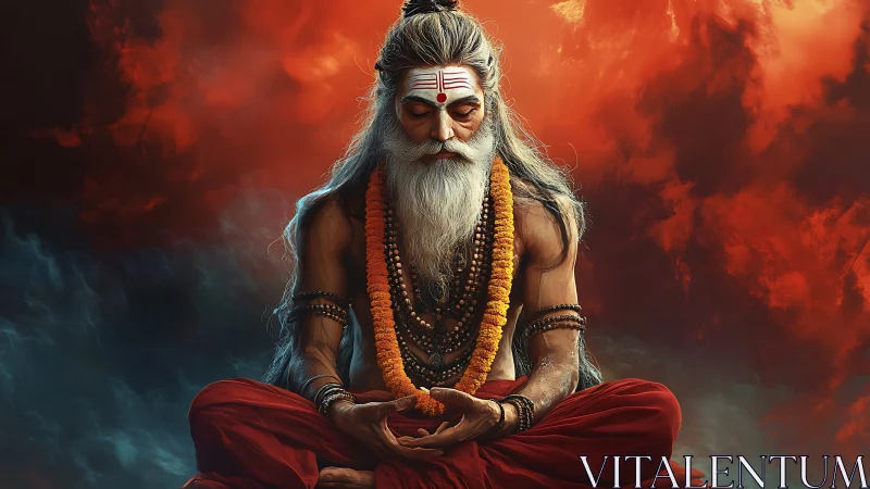 Elderly ascetic in seated meditation against fiery clouds.