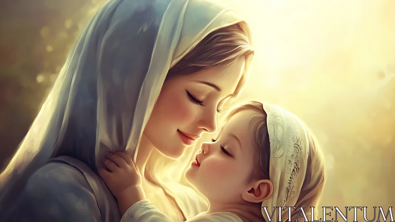 Golden hush between mother and child in luminous embrace.
