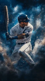 Dynamic baseball slugger amid explosive dust clouds.