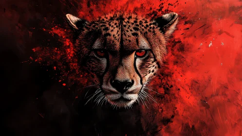 Cheetah with Piercing Eyes Against Explosive Red Texture