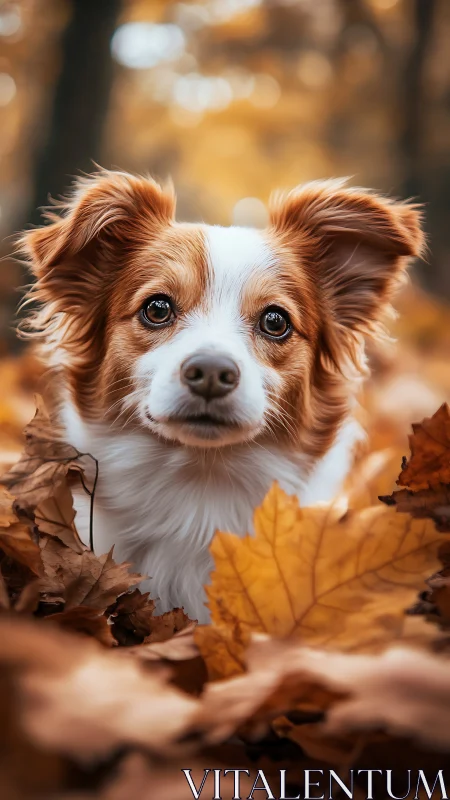 Brown and white dog portrait in fallen autumn leaves.