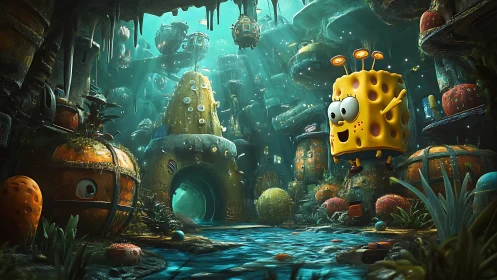 Cheerful sponge character explores a glowing undersea town
