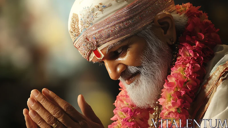 Devoted elder in garlanded splendor, bathed in warm prayer.