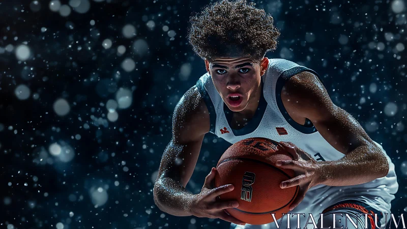 High-intensity basketball drive under dramatic arena backlight