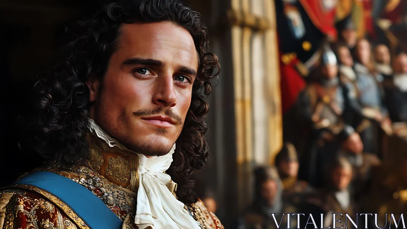 Regal nobleman in ornate baroque attire at court gathering.