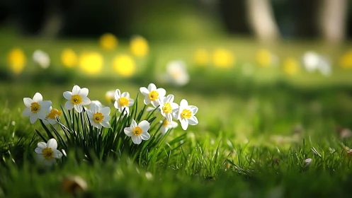 Daffodils in Morning Bloom Against Verdant Field.
