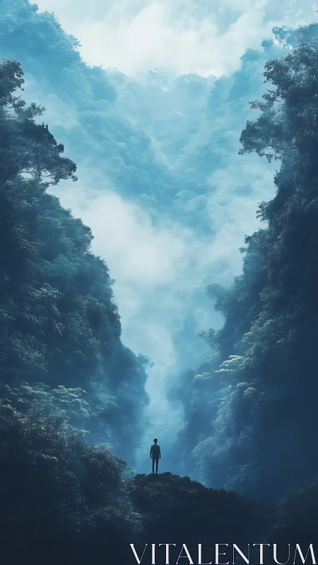 Solitary dreamer gazes into mist-drowned emerald canyon.