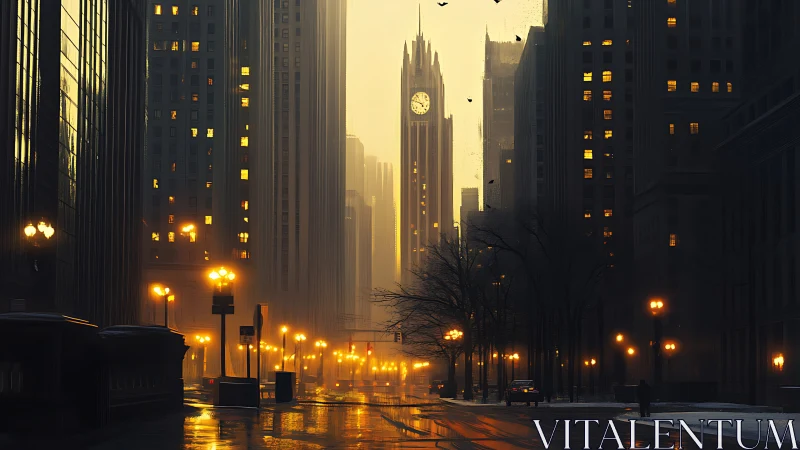 Moody city street leads toward tall clock tower at dusk