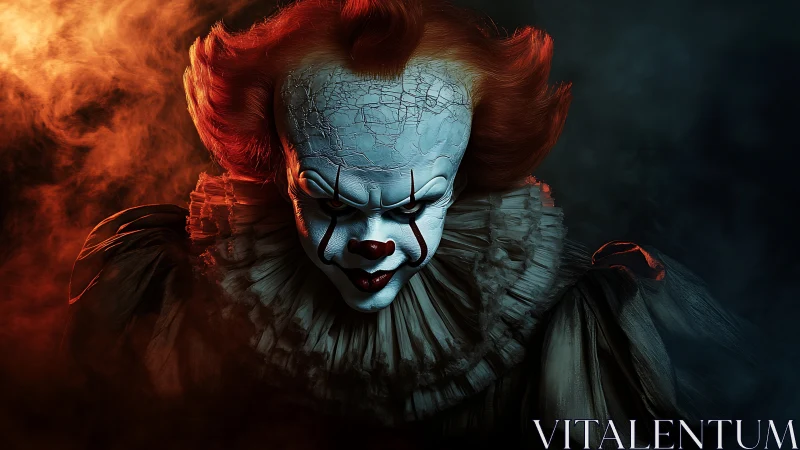 Sinister carnival visage smolders between fire and shadow