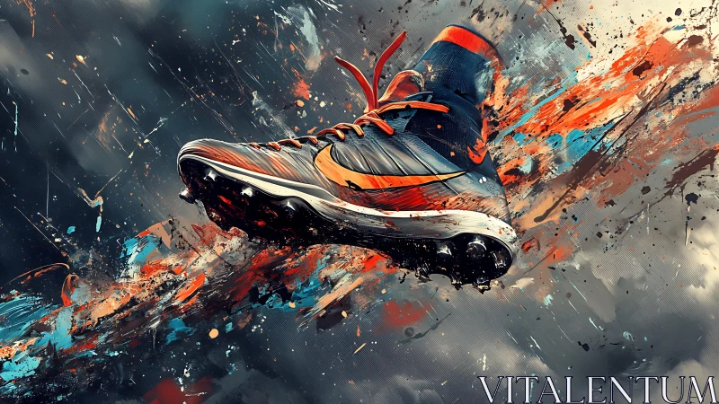Dynamic abstract sports shoe blasts through paint clouds.
