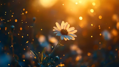 Sunlit daisy in dreamy golden hour bokeh field scene.