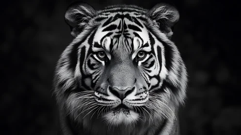 Monochrome frontal tiger portrait employs dramatic chiaroscuro lighting