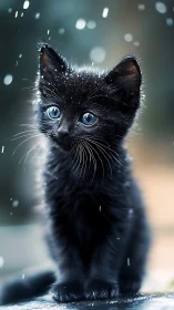 Ebony Kitten Gazes Through Crystalline Rain With Luminous Sapphire Eyes